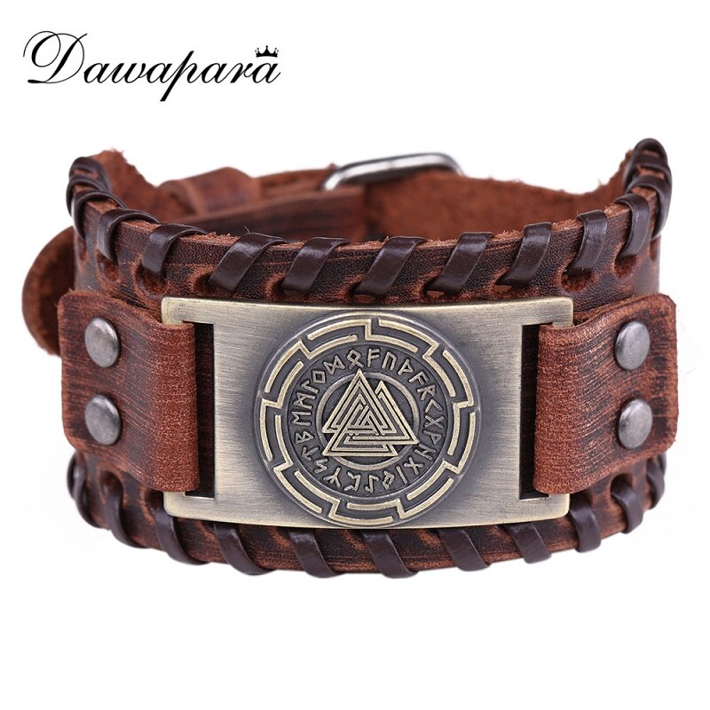 Dawapara Lun Symbolvintage Armbanden Voor Mannen Handgemaakte Bruine Brede Lederen Armbanden Voor Man Amulet Sieraden BROWNB109576-9-W-L