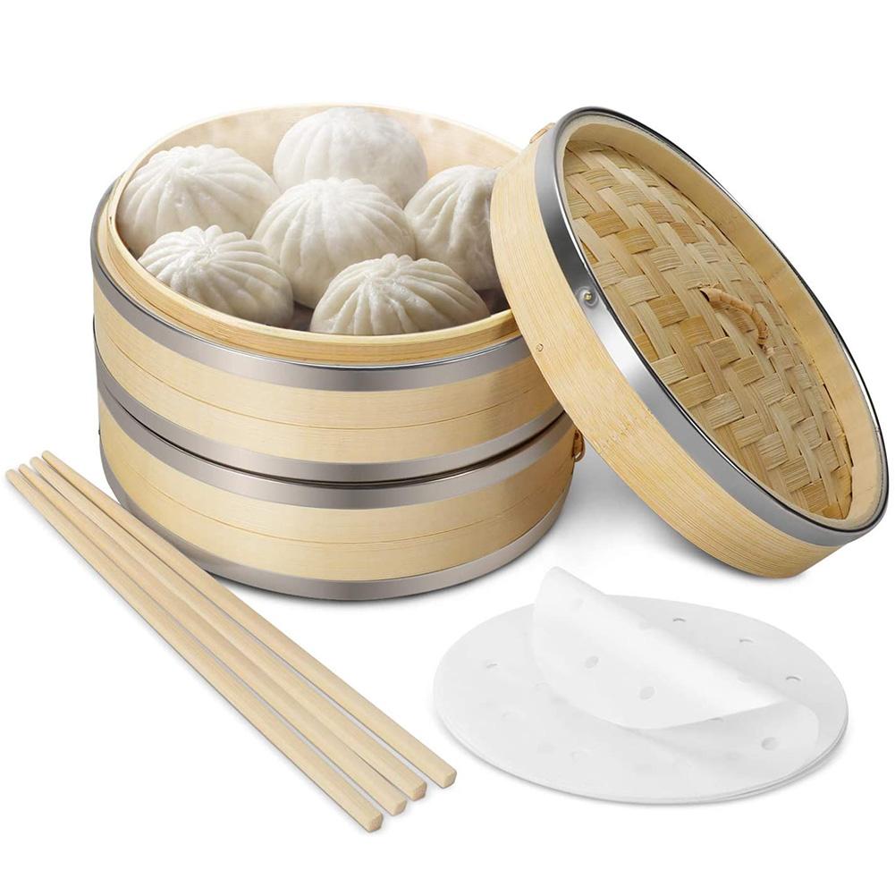3-- lags kinesisk bambus damper dampet boller dim sum ris køkken damper hylde rack dampende bakke køkkengrej med låg