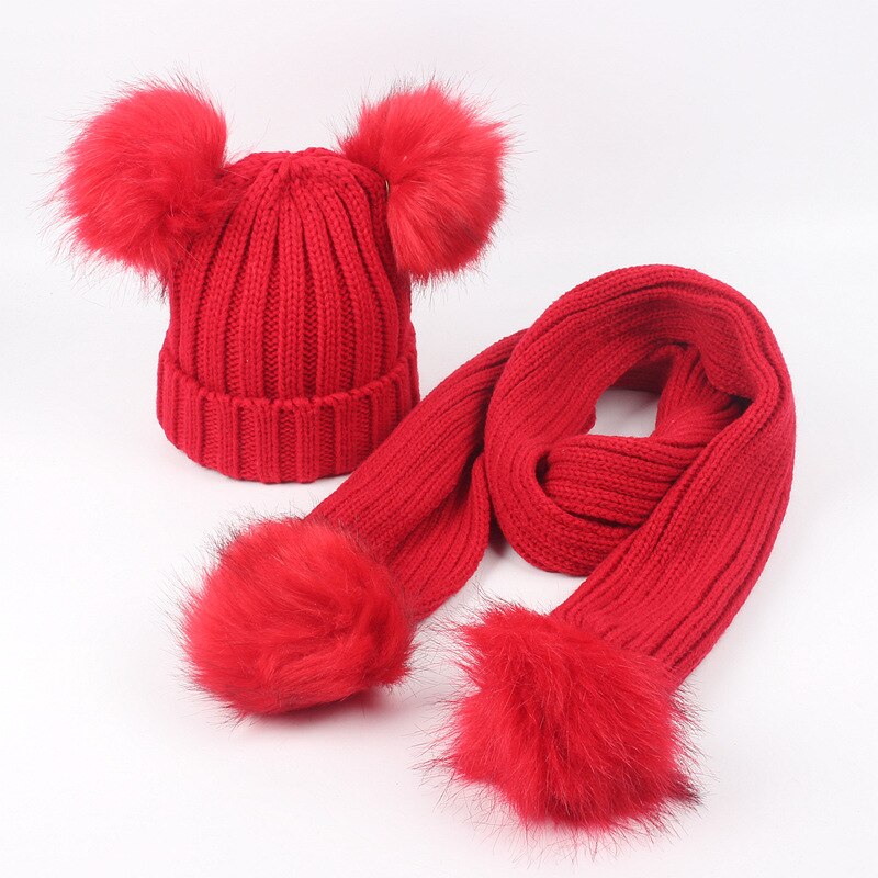 Conjunto de bufanda y gorro para niños y niñas, doble pompón de piel sintética, cálido, tejido, largo, Invierno