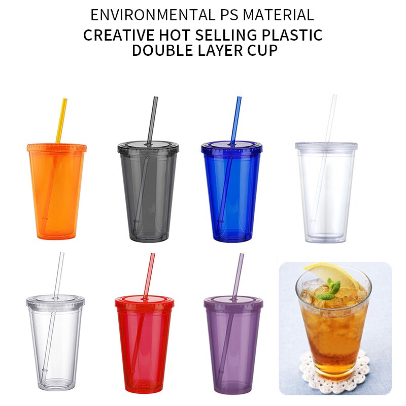 Mælkeglas med kuppellåg dobbeltvægget plastik drikkebægre med sugerør genanvendelig klar vandflaske gennemsigtig frugtkop