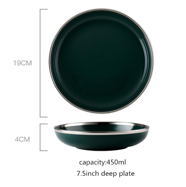 Zilveren rand retro nordic light luxe keramisch servies donkergroen servies serie hotel servies set westerse gerechten 1pc: 7.5 inch diep bord