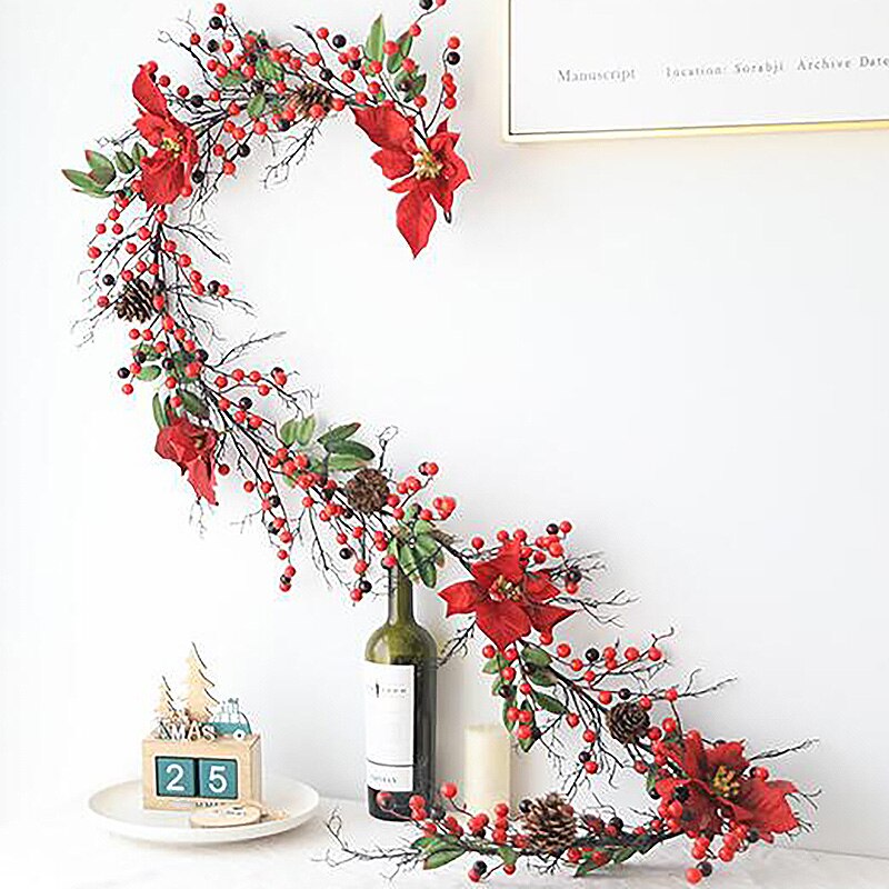 Artificial Garland with Red Berries and Holly Leaves, Pine Cone Garland for Fireplace Stairs Table Decorations