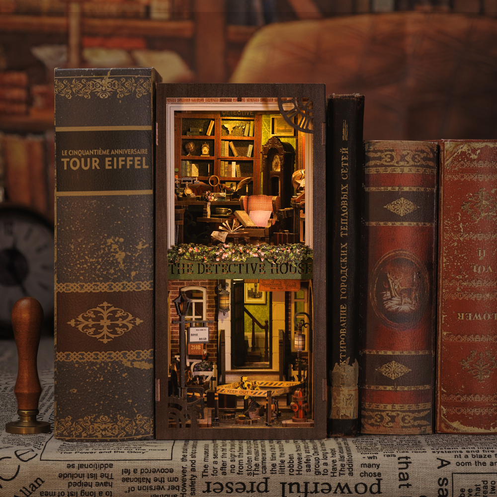 CUTEBEE Book Nook 3D Puzzle Miniature Doll House Kit With Touch Light Dust Cover DIY Booknook Toy Rose Detective Agency