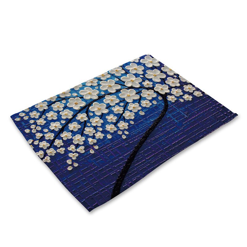 1Pcs Flower Tree Pattern Kitchen Placemat Dining Table Mat Drink Coaster Cotton Linen Pad Bowl Cup Mat 42*32cm Home Decor MP0016: R