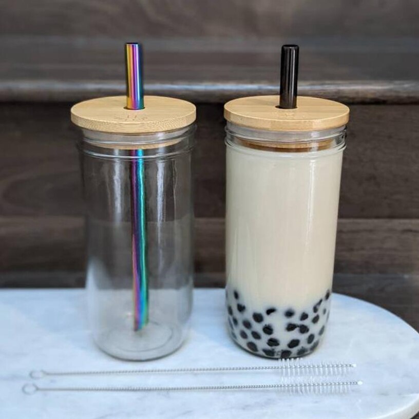 Murare burkar för att dricka kopp bubbla te glaskopp med bambu lock återanvändbar boba smoothiekopp i glas med halmkopp i rostfritt stål