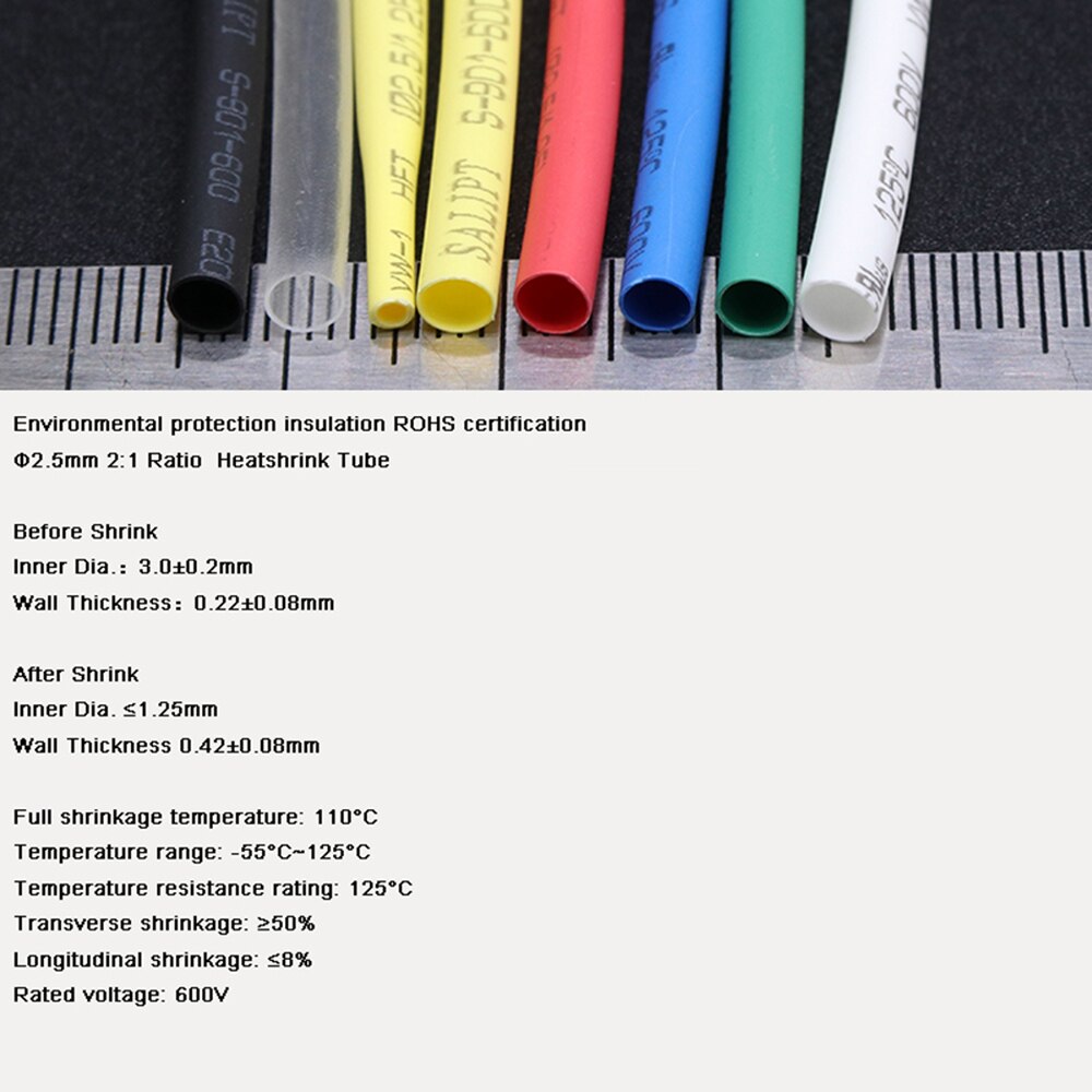5meters 2:1 Ratio 2.5mm Heat Shrinkable Tube Shrinkage Tube Heat Shrink Tubing Tubes white/red/green/blue/Transparent/yellow