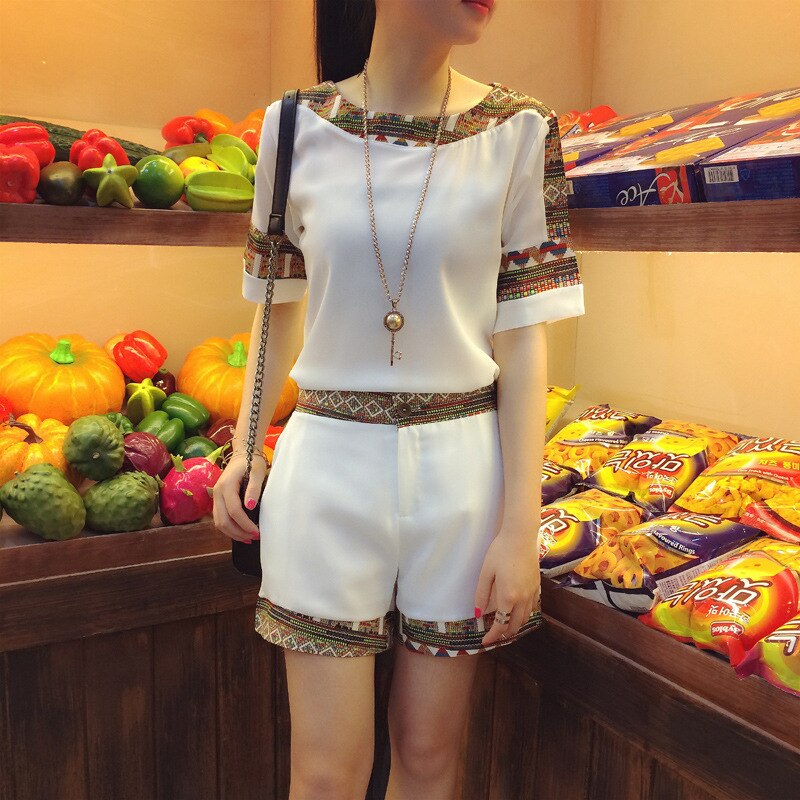 Print Summer Women Suit Slim Printed Chiffon Shirt Short Sleeve Blouse tops + Shorts pants Casual Two Set