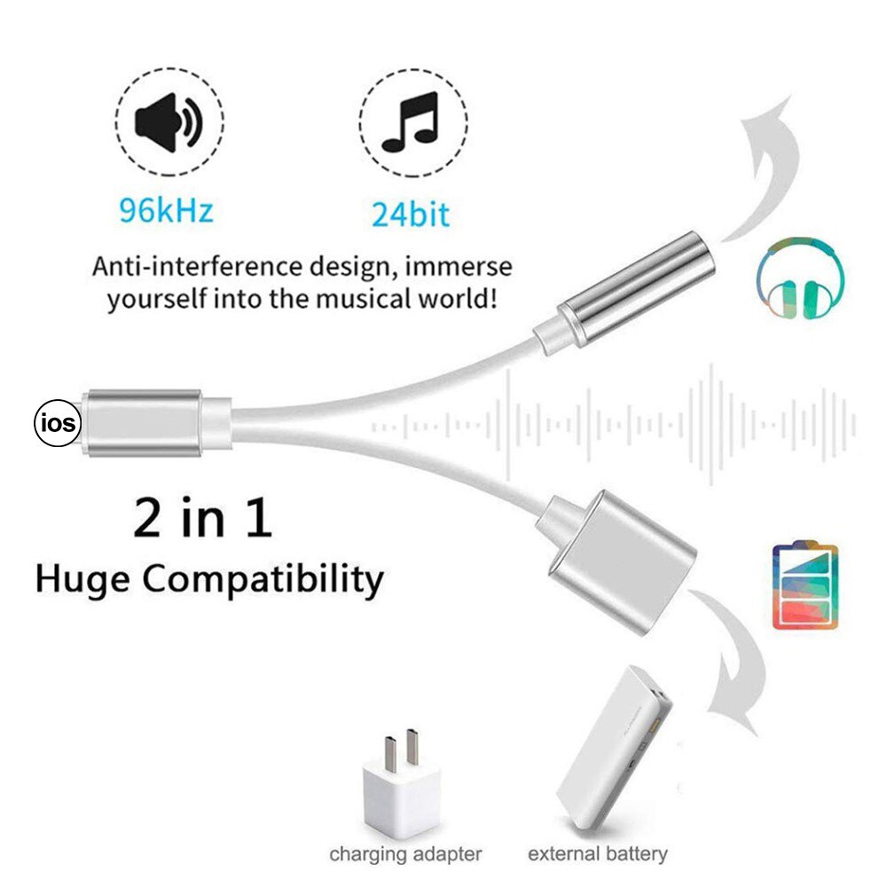 2 In 1 Draagbare Hoofdtelefoon Jack 3.5Mm Audio Jack Kabel Adapter Oplader Voor Iphone 7/8/X Hoofdtelefoon Opladen Muziek Call
