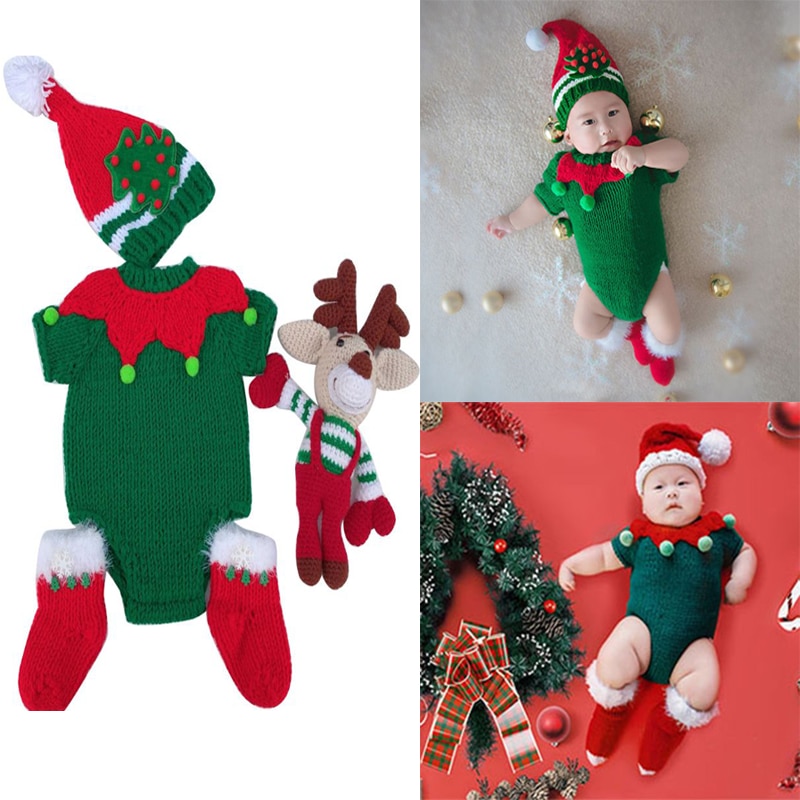 4 Stks/set Pasgeboren Gebreide Haak Outfits Kerst Kostuum Baby Hoed + Sokken + Elanden Pop + Romper Jumpsuit Fotografie Props