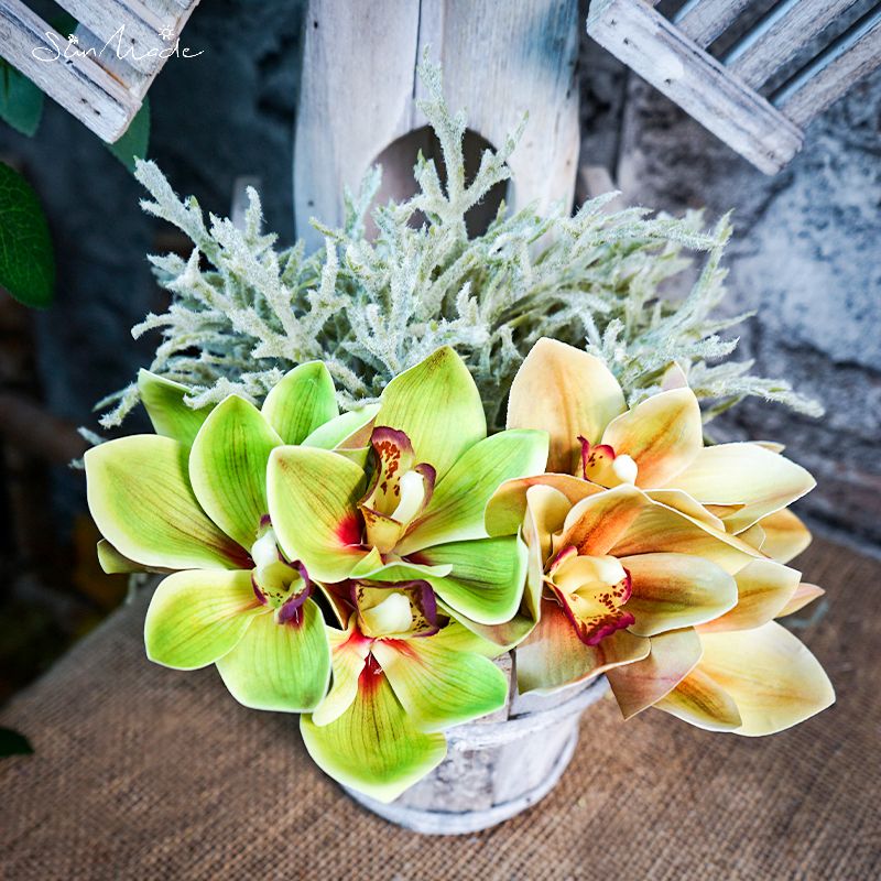 SunMade-ramo de orquídeas blancas de lujo, decoración para el hogar, decoraciones de otoño, Flores Artificiales, bricolaje, 4 Uds./lote