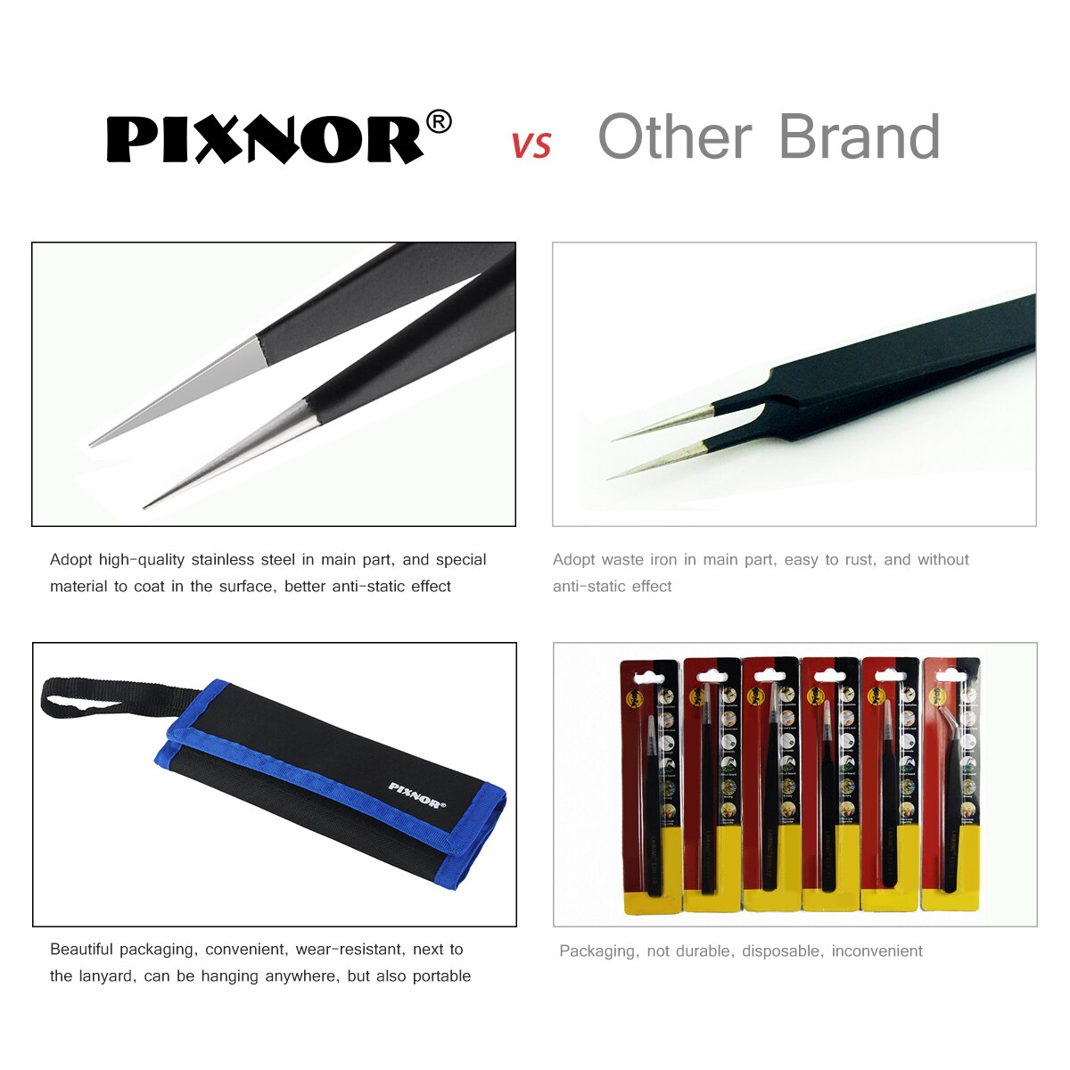 Pixnor 9pc premium antistatisk esd rustfrit stål pincet sæt med etui til elektronik smykkefremstilling laboratorie hobbyer