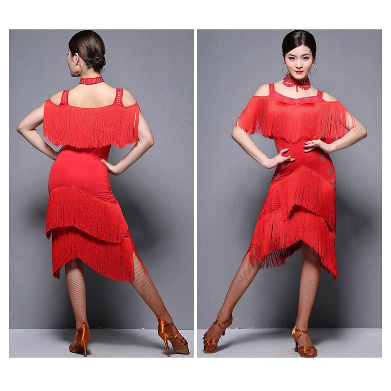 Vêtements de danse pour femmes, Costume Samba pour salle de bal, robes de fête en tissu extensible, à franges, robe latine, ensemble de 3 pièces avec collier sous-pantalon