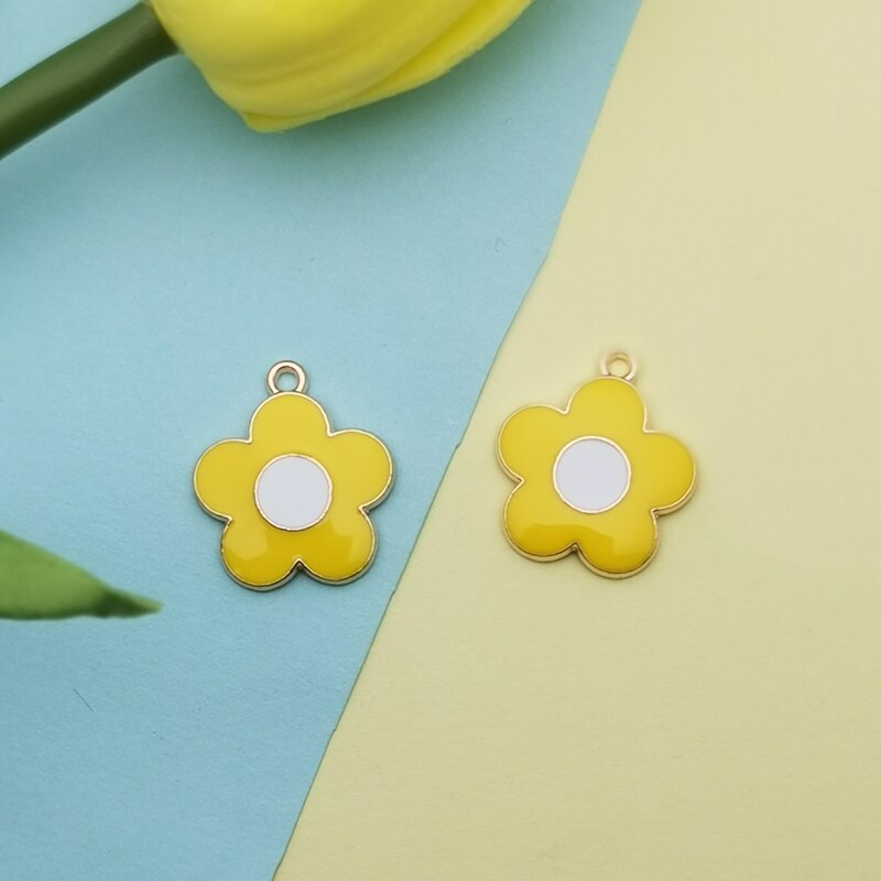 10PCS Colorful Flowers Enamel Charms Gold Tone Little Flower Alloy Pendants Fit Making Earring Hair Jewelry DIY Accessory FX494: yellow