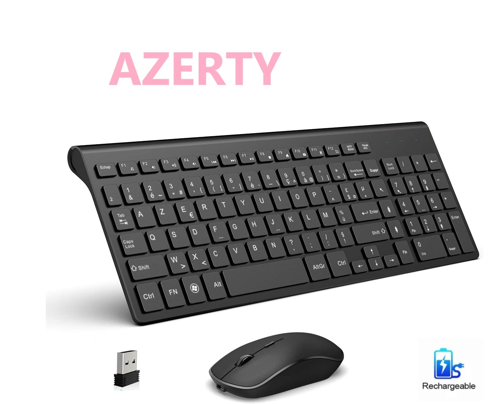 French keyboard wireless mouse and keyboard combination.2.4G.Rechargeable AZERTY keyboard, ergonomic, suitable for PC/laptop/TV