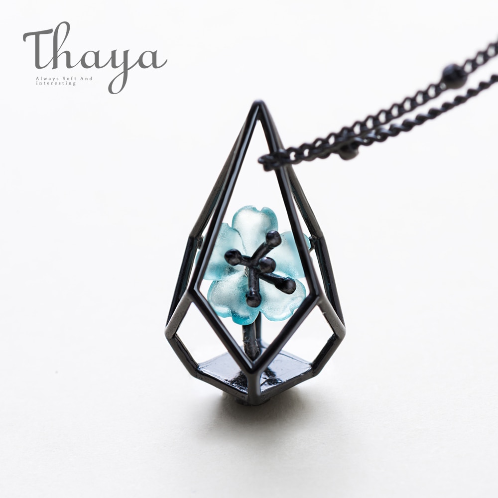 Thaya Blauwe Bloem Terrarium Collier Black S925 Silver Blue Crystal Bloem Hanger Ketting Elegante Sieraden Voor Vrouwen