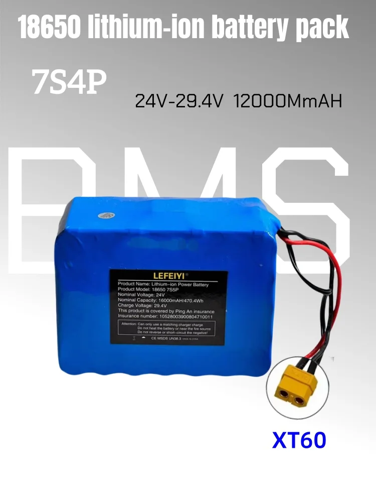 24 V 12000 mAh 18650 7S4P Li-Ionen-Akku 25,2 V, geeignet für den Batteriewechsel von 29,4 V Elektrorollern: Transparent