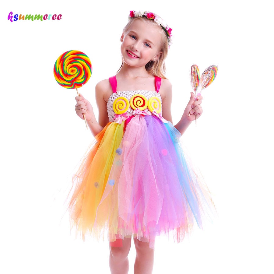 Candy Lollipop Girls Kids Tutu Dress Sweet Rainbow Birthday Dress Candy Land Children Tutu Costume Pageant Princess Gown