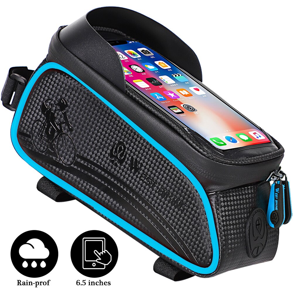 West bike mtb racefiets waterdichte bovenbuis tas touchscreen fiets voorframe fietstas tas voor fietsaccessoires: Blauw
