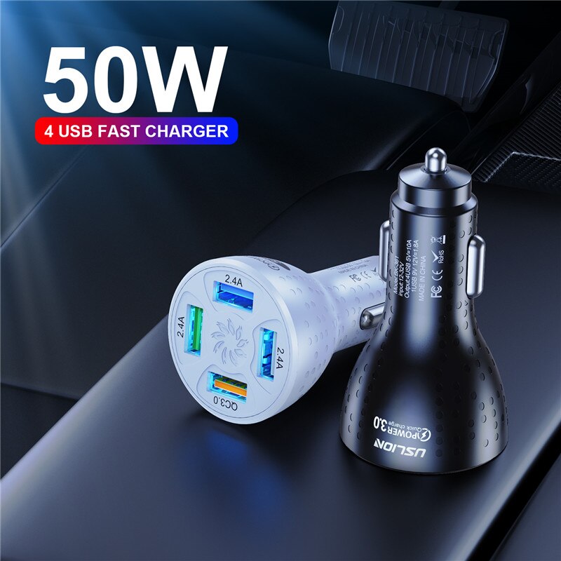 USLION 50W 4 porty ładowarka samochodowa USB QC4.0 QC3.0 Mini szybkie ładowanie dla iPhone 13 11 Xiaomi Huawei ładowarka do telefonu Adapter W samochodzie