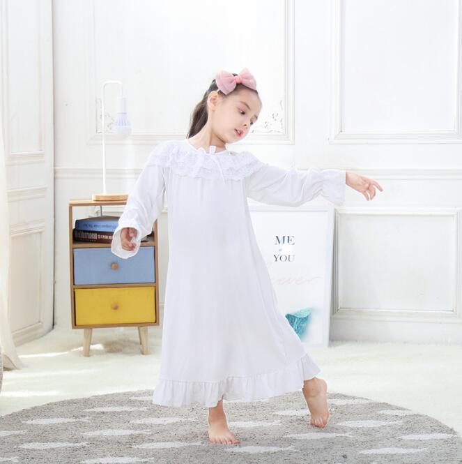 Automne filles chemise de nuit rose blanc pyjamas enfants à manches longues chemise de nuit mignon 100% coton enfant bébé robe de nuit 6 8 10 12 ans: WHITE / 100