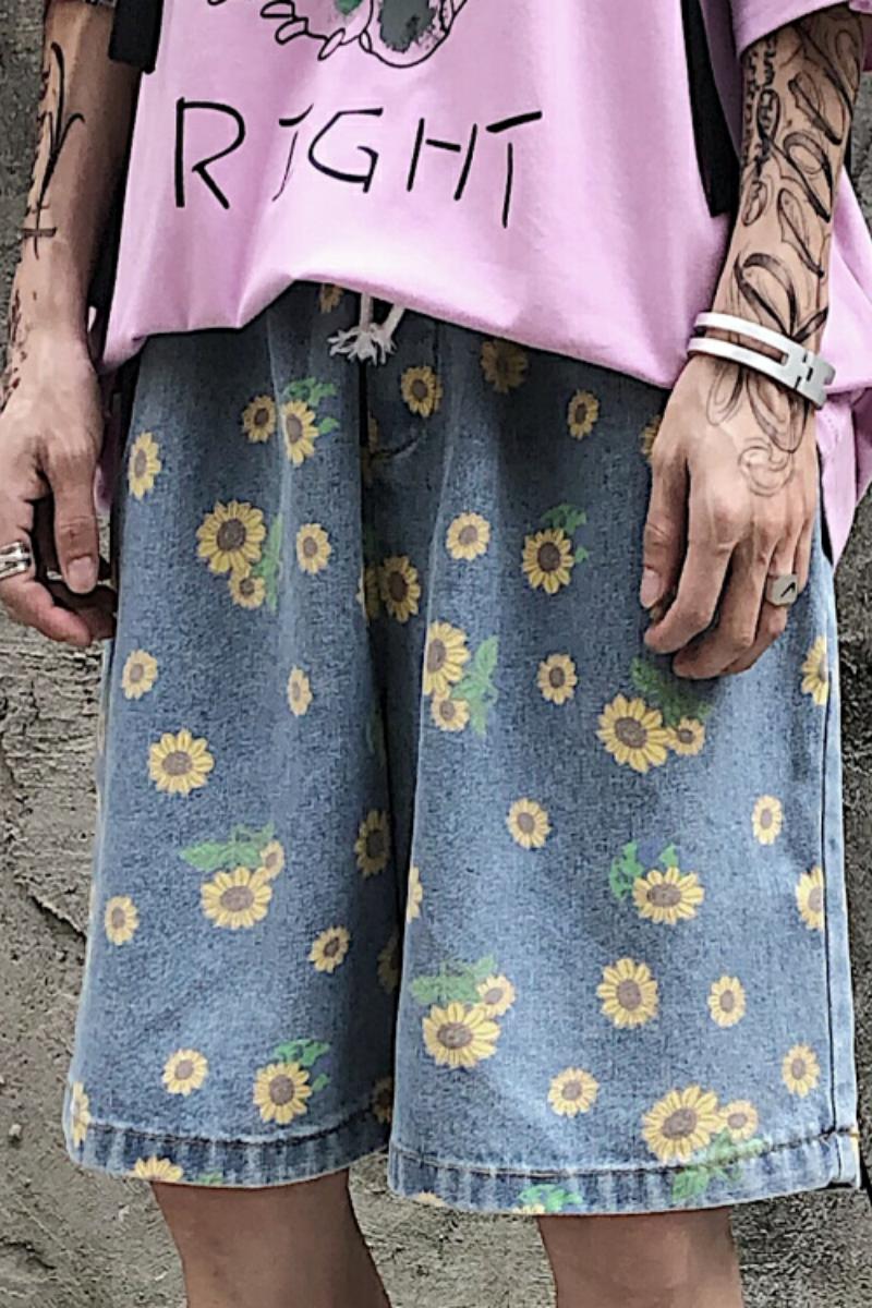 Pantalones cortos vaqueros lavados con estampado Floral de margaritas para hombre y mujer, ropa de calle informal, holgada, con cintura elástica, de verano