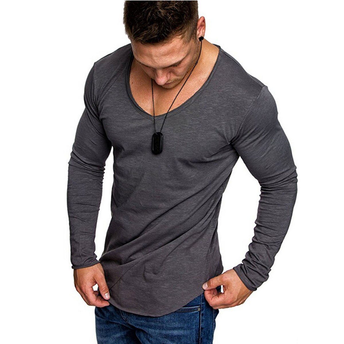 Moomphya streetwear hip hop herre t-skjorte langlinjekant ensfarget t-skjorte herre stilig slim fit t-skjorte sommer topper morsomme t-skjorter: Grå / Asia størrelse m