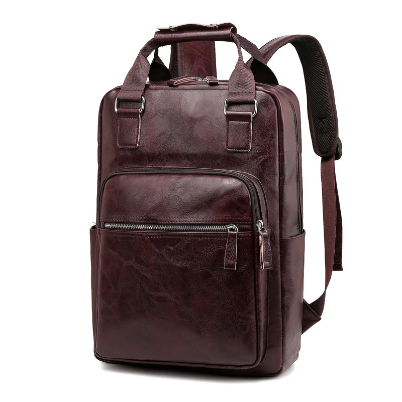 black work backpack PU leather bag man shoulder bags Waterproof male backpack 15.6 inch laptop computer bag boys school backpack: Brown