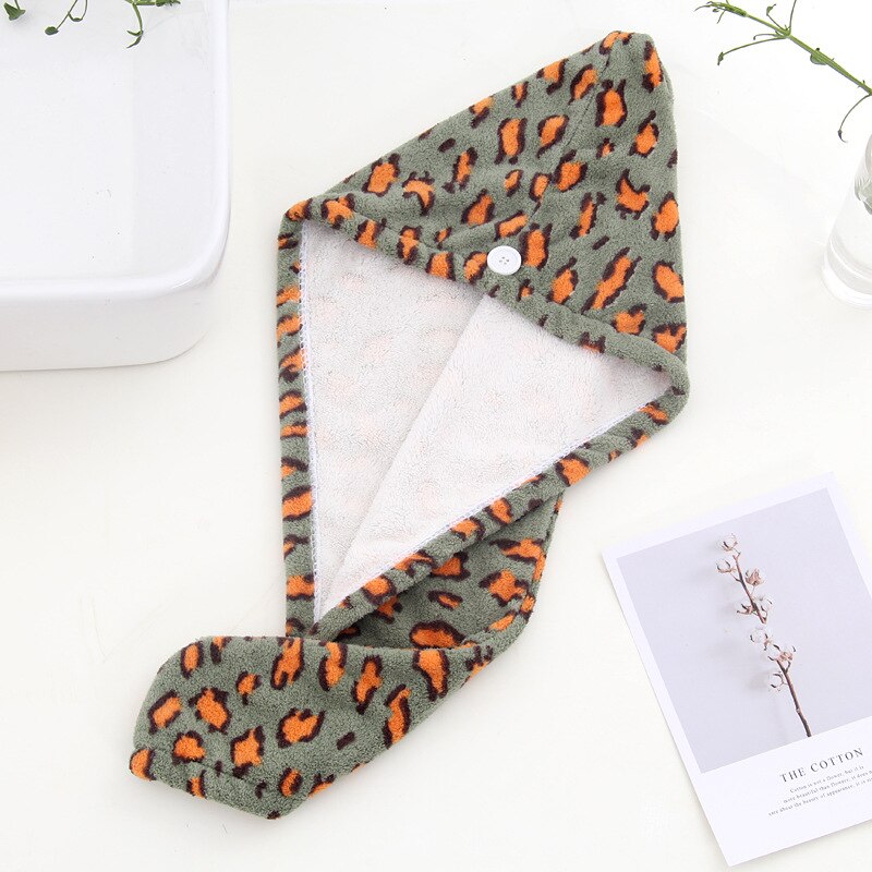 Serviette de séchage de cheveux de velours de corail serviette de cheveux d'impression de léopard de microfibre: green