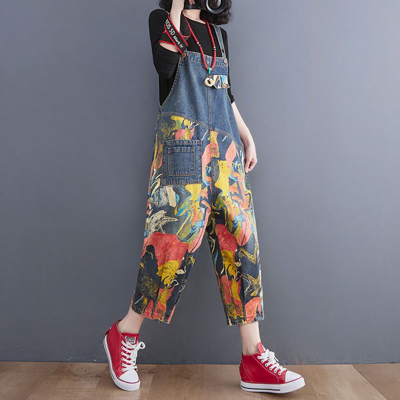 Streetwear patchwork print denim jumpsuits kvinder løse vide ben dungarees baggy bukser sparkedragter forår sommer jeans overalls