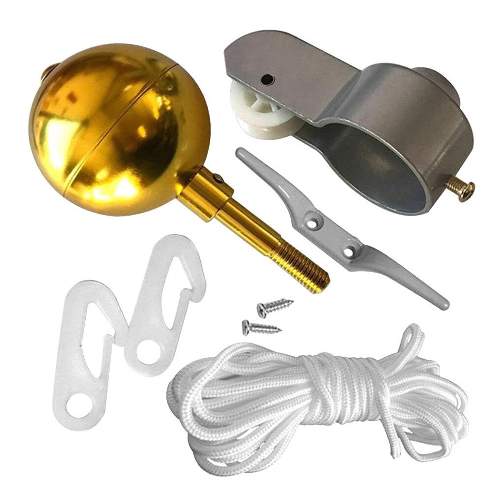 1set Of Flag Pole Part Set Nylon Braided Rope Flagpole Accessories Repair Kit Pulley Gold Ball Cleat Clip Screw Decor 2 Inch#g30