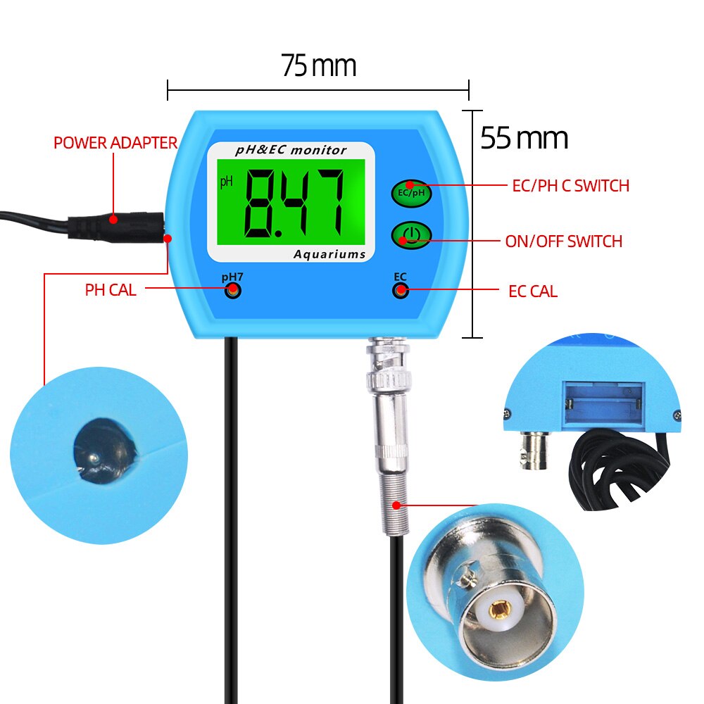 2 in 1 PH/EC Meter PH Tester Multi-Parameter Water Analyser Online Acidometer Conductivity Monitor For Aquarium PH-9853
