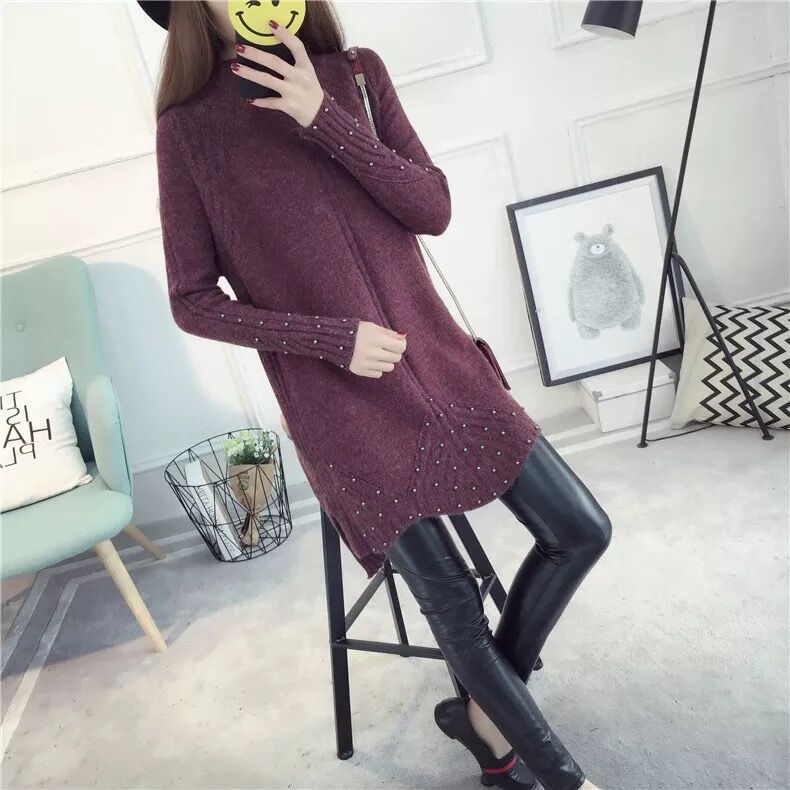 Women's Knitted Wool Dress Winter Turtleneck Beading Split Slim Thicken Medium Long Sweater Tops Female: W002120 purple red