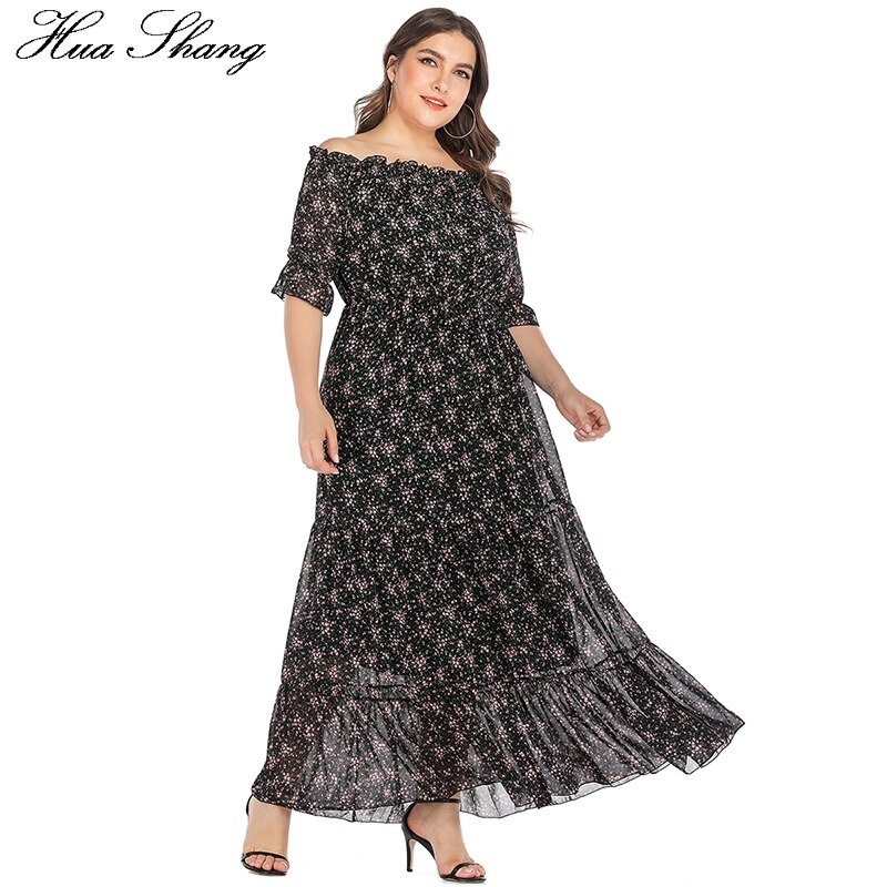 Off Shoulder Jurk Plus Size Zomer Vrouwen Slash Hals Bloemenprint Ruches Chiffon Boho Jurk Maxi Lange Tuniek Strand jurken