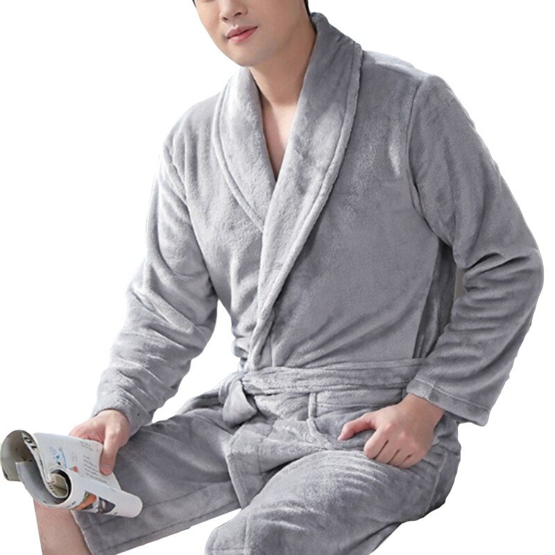 Men Casual Loose Kimono Bathrobe Autumn Winter Flannel Long Robe Sleepwear Nightgown Male Warm Thick Home Wear: light gray