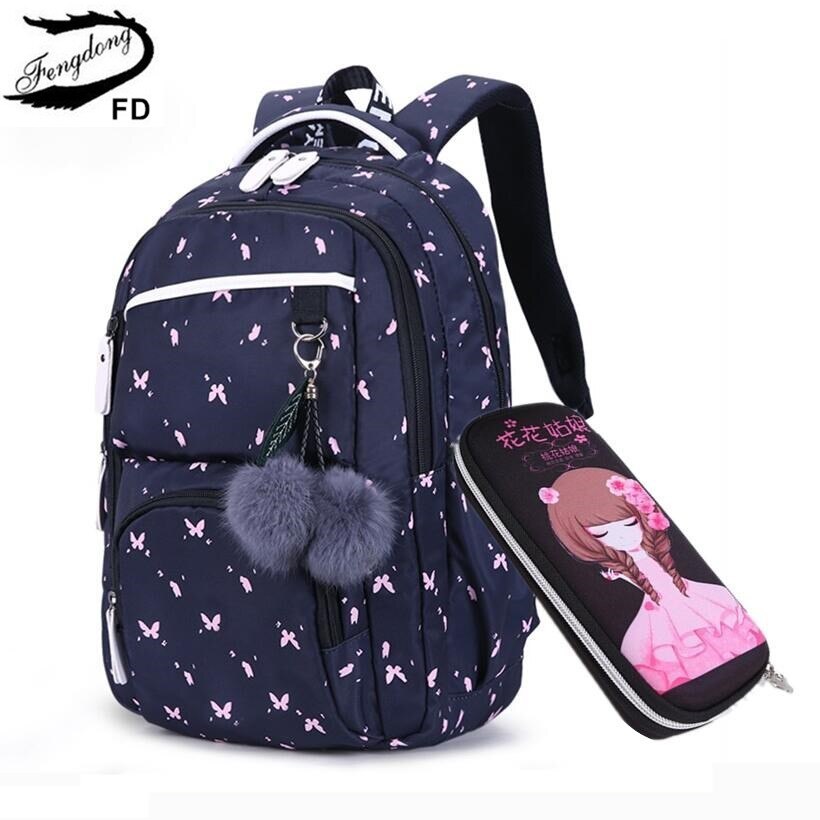 FengDong kids leuke zwart roze bloem school rugzak kinderen schooltassen voor meisjes pluche bal kinderen pen potlood tas set: butterfly