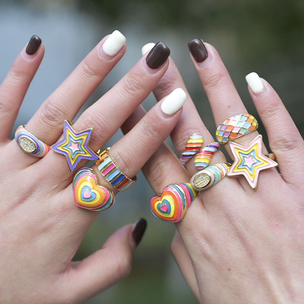 Rainbow Enamel Druipend Olie Ster Hart Ringen Voor Vrouwen Koper Goud Kleur Zirconia Punk Ringen Trendy Sieraden Verstelbare