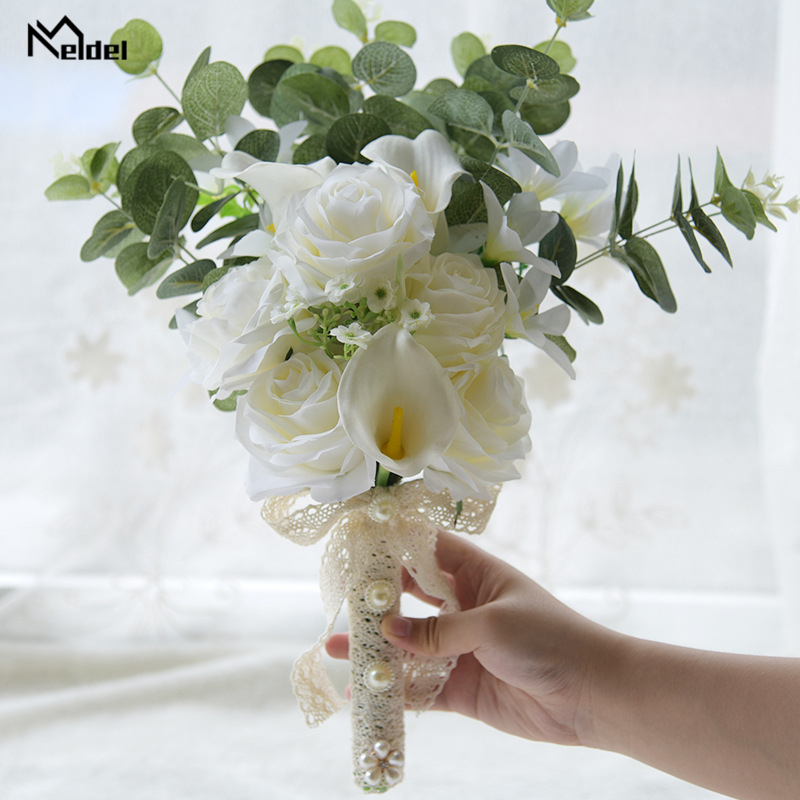 Meldel Wedding Bouquet Bridal Holding Flower Silk Rose Calla Eucalyptus Leaves Forest Bouquet Wedding Supplies DIY Home Decor