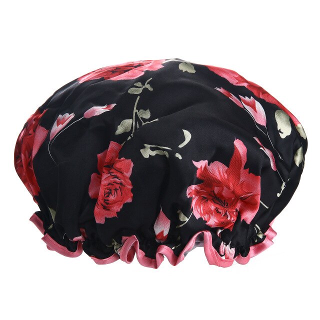 Waterdichte Douche Cap Dubbele Lagen Bad Cap Met Verstelbare Elastische Band, stijlvolle Douche Cap Voor Vrouwen Lange Dikke Haar: PeonyBlack