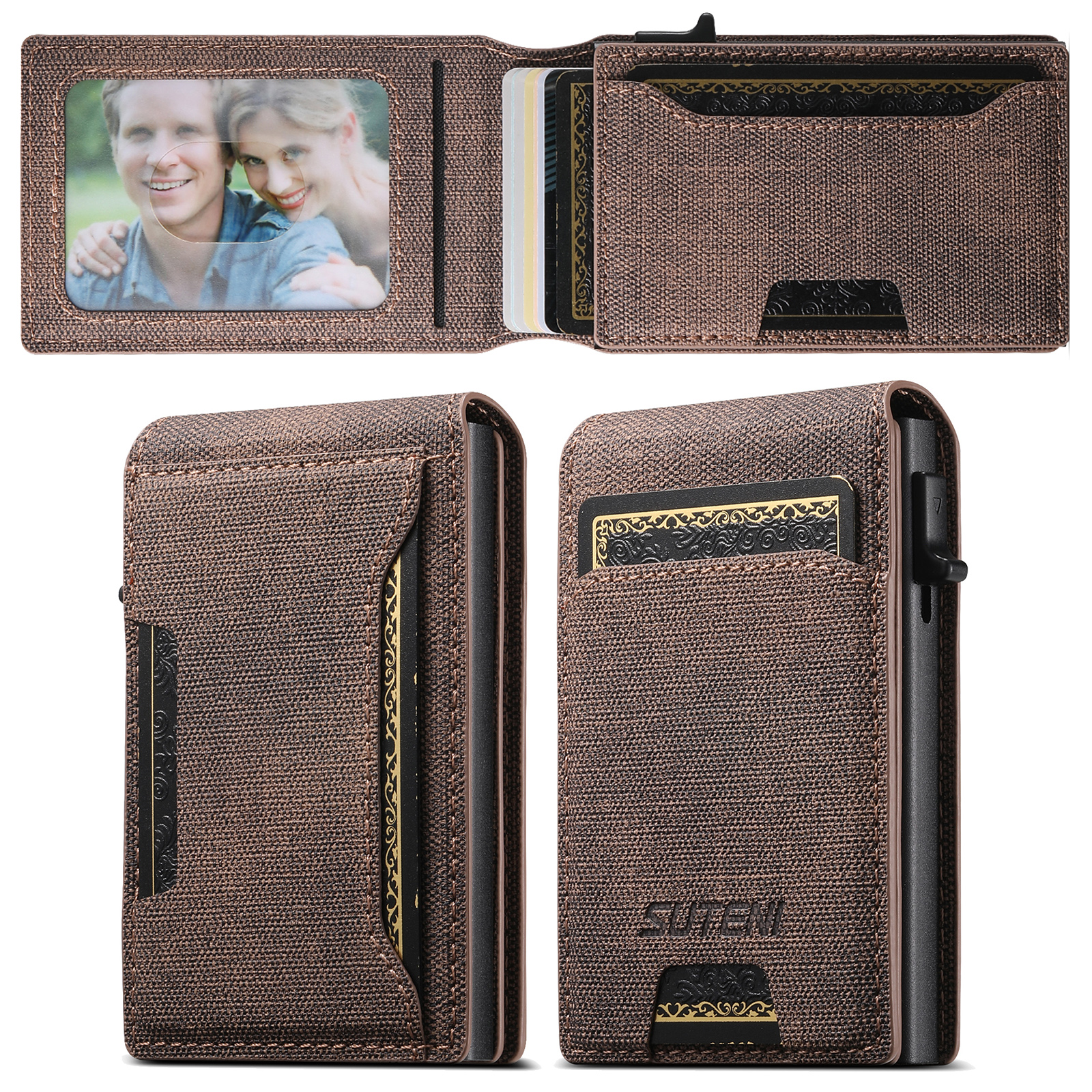 Push-out Card PU leather Card Holder Wallet Holder Large Capacity Can Hold 1-12 Cards 1 Photo Black/Brown/Blue: Coffee