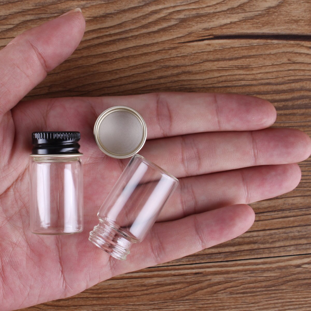 48 Stuks Diameter 22 Mm Glazen Flessen Met Zwarte Aluminium Caps 5-14 Ml Kleine Glazen Potten Wedding Craft 5 Maten U-Pick