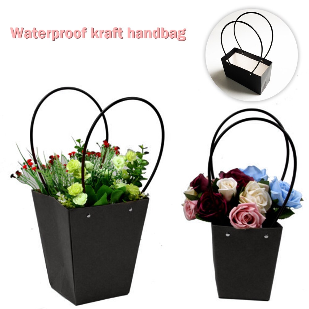 Bærbar blomsteræske vandtæt papir praktisk indpakningspose kraft håndtaske bryllup rose festkasse emballage festartikler