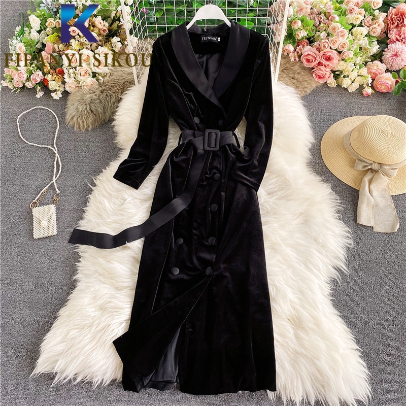 Black Velvet Trench Coat Women Double Breasted Belt Lapel Long Trench Coat Autumn Winter Womens Slim Windbreaker