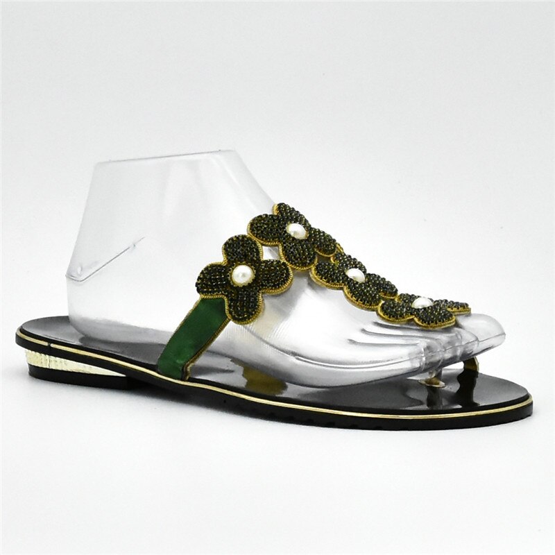 Últimas zapatillas africanas con diamantes de imitación para mujer, Zapatos de italiano para mujer, Zapatos de tacón bajo para mujer, Zapatos Africanos, calzado nigeriano: Verde / 7.5