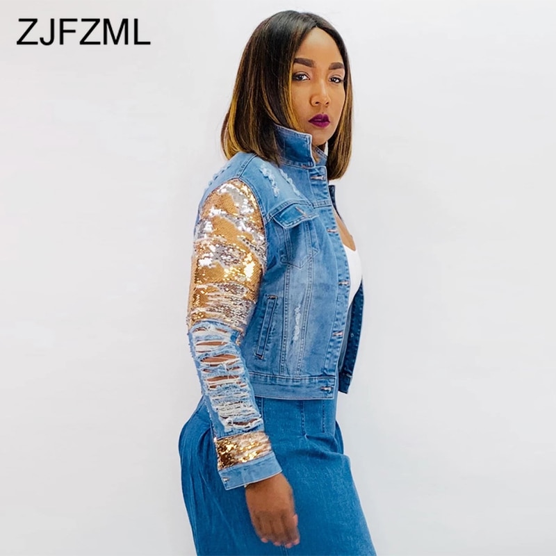 Gold Sequined Casual Denim Jacket Women Turn Down Collar Long Sleeve Washes Coat Autumn Winter Button Up Hole Short Outwear