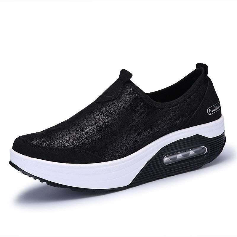 Thick Sole Shoes Ladies Wedge Sneakers Slip On Fitness Shoes Women Outdoor Shock Absorber Rocking Shoes: black women sneakers / 6