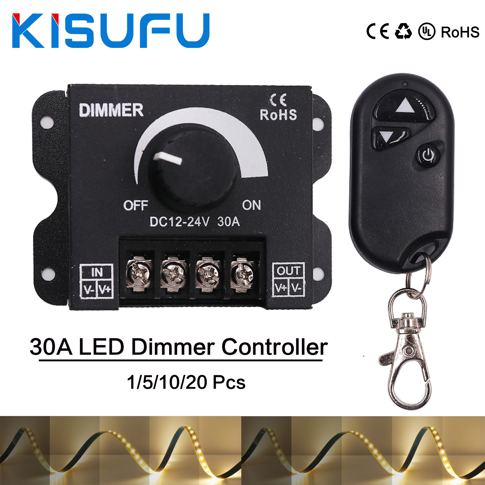 30A LED-Dimmer-Controller DC12-24V für LED-Einfarb-Beleuchtungsschnurstreifen 360 W manuelles Dimmen mit 3-Tasten-RF-Funkfernbedienung