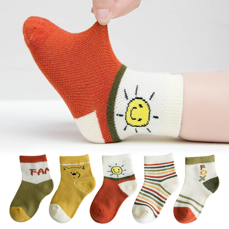 5Pairs kinder Socken Baumwolle kinder Socken Dünne Abschnitt Bär Kopf Sonne Cartoon Baumwolle Boot Socken Gestreiften Baby socken 1-12year