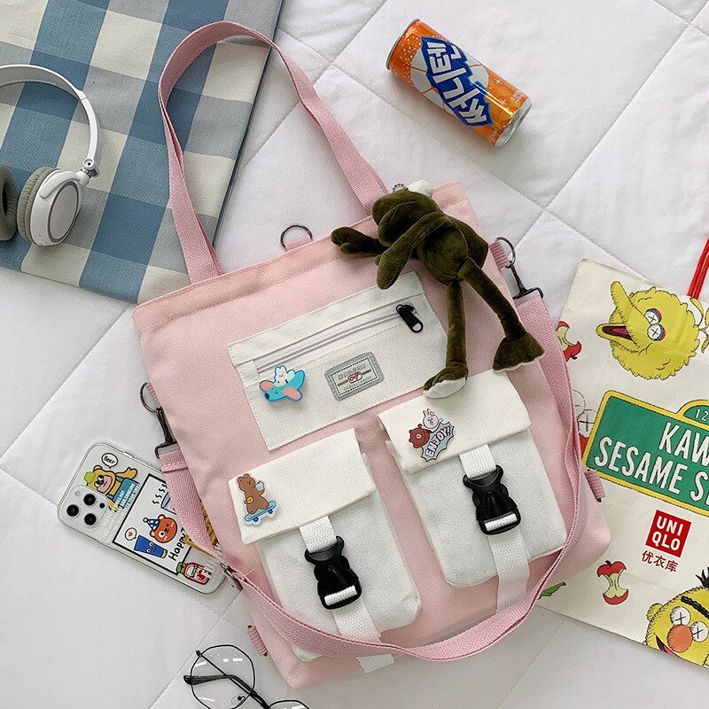 Student Backpack Book Bag Large-capacity Canvas School Class Female Bag Girls Canvas Shoulder Messenger Crossbody Bag: pink with frog