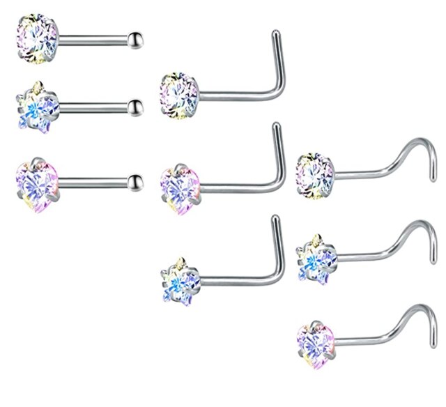 Zs piercing de nariz em aço inoxidável 3-12 porcelana, conjunto de pino redondo, estrela, coração, cristal cz, nariz, 3mm, forma de l, joia de piercing 20g: N-9pcs