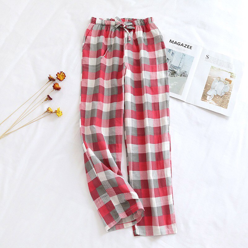 Spring & Fall Men And Women Lovers' Sleep Bottom Couples Gauze Cotton Plaid Loose Sleep Pants Elastic Waist Homewear Pants: WOMEN / L